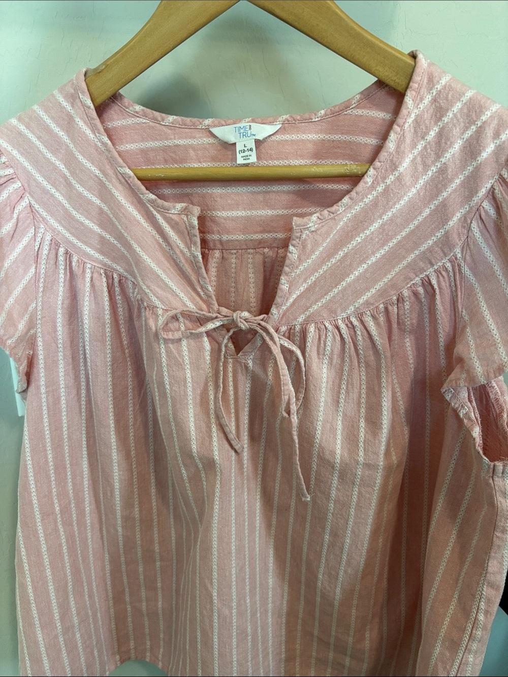 Time and Tru Pink Striped Tie-Neck Peasant Blouse